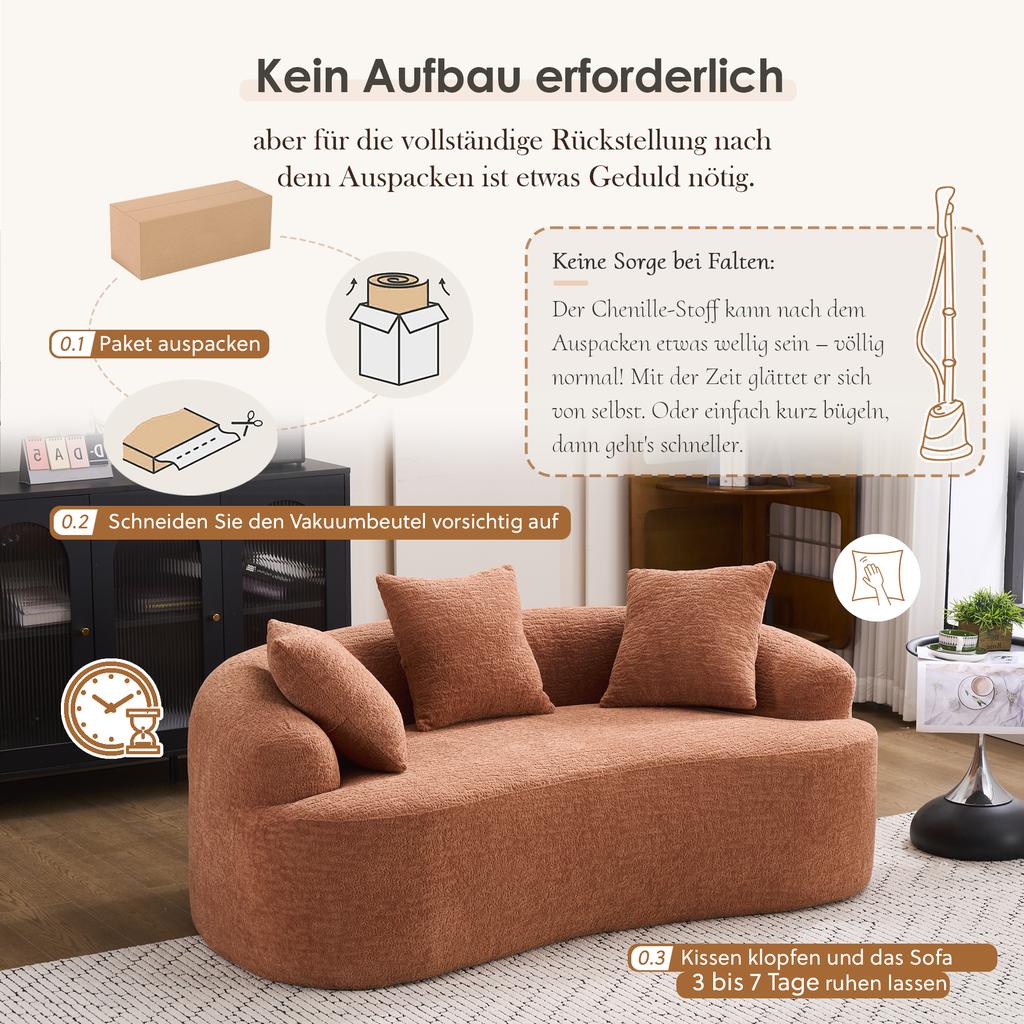Modular, curved two-seater sofa, contemporary style, including three decorative cushions, ideal for small apartments, no assembly required, coral pink