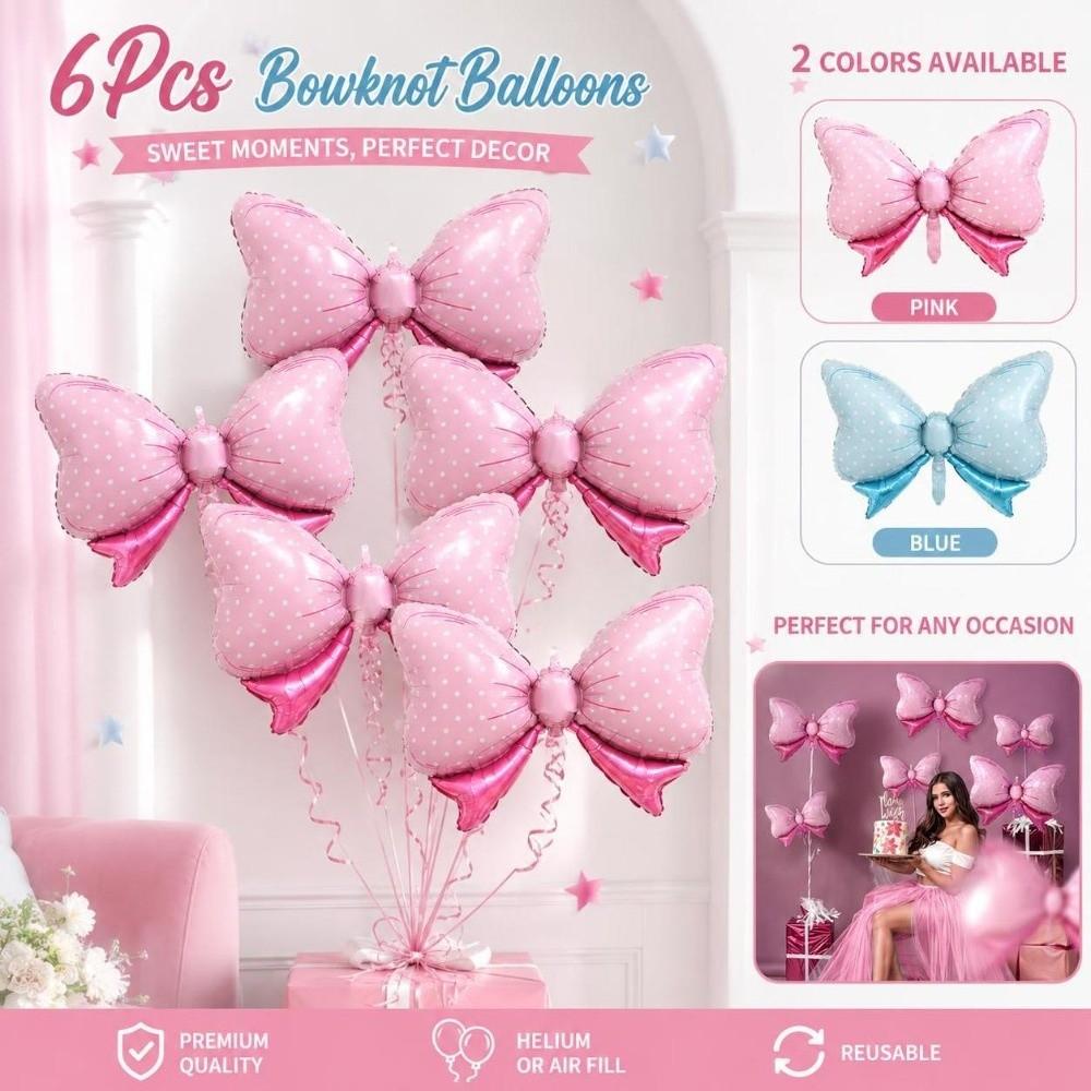 6Pcs Reusable Aluminum Foil Balloons Blue Pink Party Balloons Bow Balloons Birthday Party