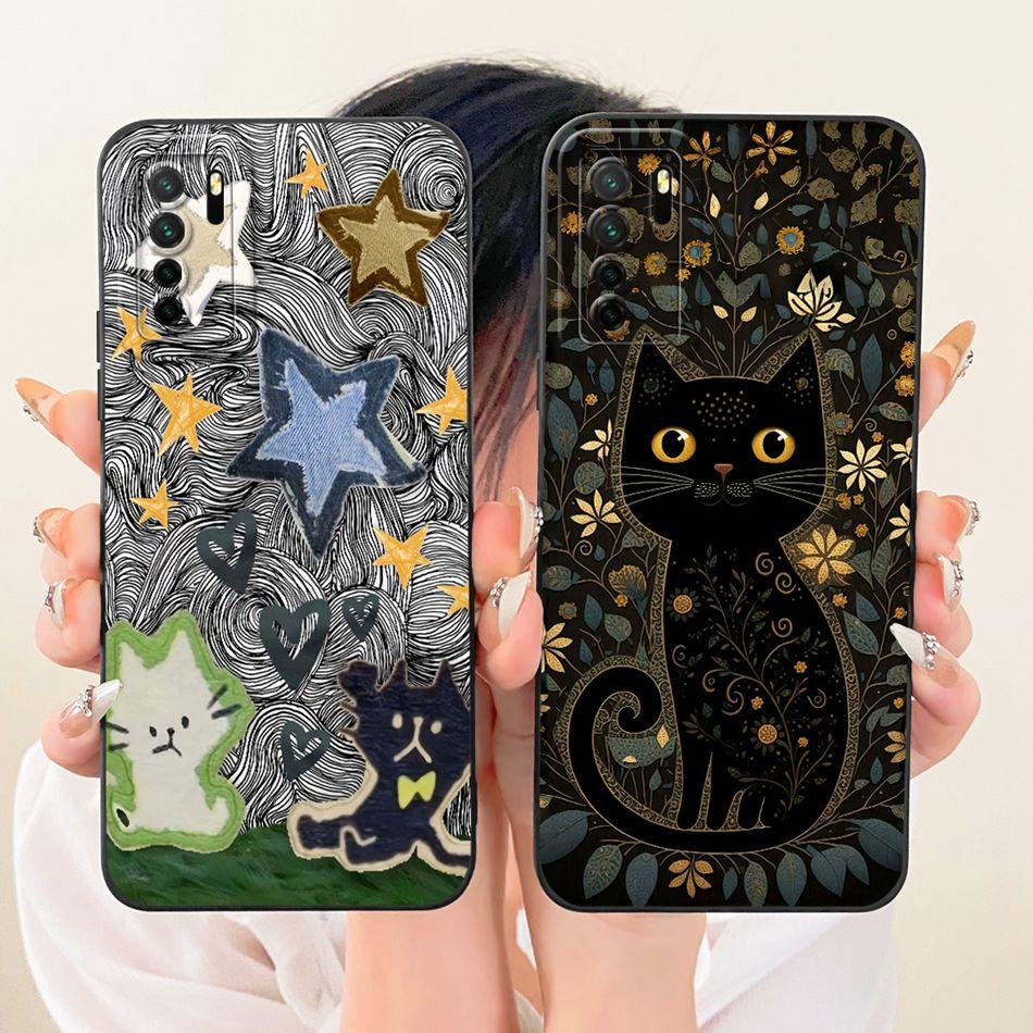 For Huawei Nova 7 SE 5G / P40 Lite (5G) CDY-NX9A CDY-NX9B Cute Cat Flower Cartoon Phone Case Shockproof Soft Silicone Bumpers