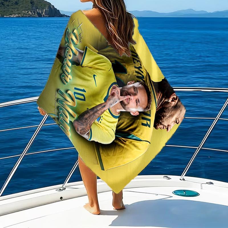 1pc Brazilian football player Beach Towel with Custom Name, Beach and Seaside Swimming Pool Equipment, Fashion Pattern, Rectangular, Travel Essential