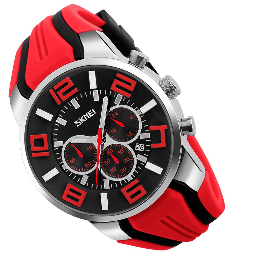 SKMEI Watch Silicone Stylish Casual Sports Big Face Arm Watch Waterproof Chronograph Brand Analog Gentleman Watch Date Fluorescent Luxury Present Red