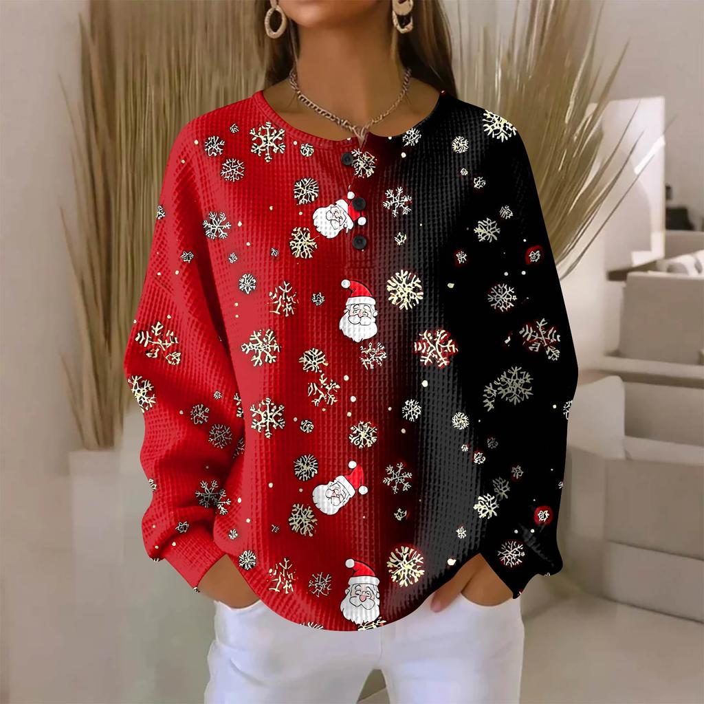 Women's Fashionable Casual Christmas Print V-Neck Long-Sleeved Button-Down Blouse