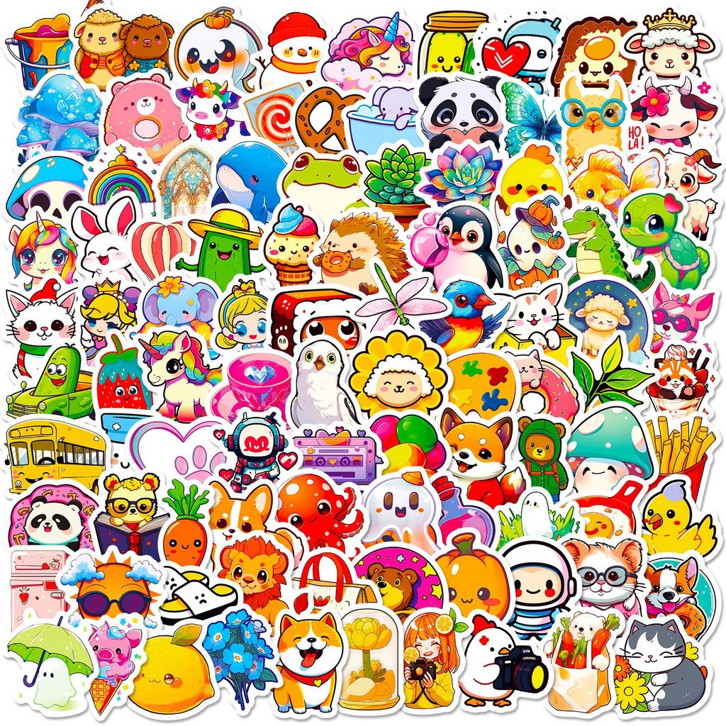 100 New Style Mixed-match Cartoon Doodle Animal Food Stickers DIY Suitcase Notebook Water Cup Stickers