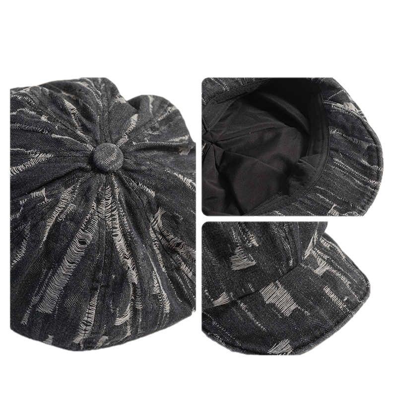 Make old cowboy beret with holes, women show small face, retro washed cloud hat, spring and autumn casual octagonal hat tide