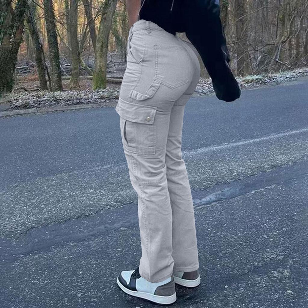 Women's Fashion Solid Color Hip Lifting Pants High Waist Multi Pocket Work Clothes Jeans