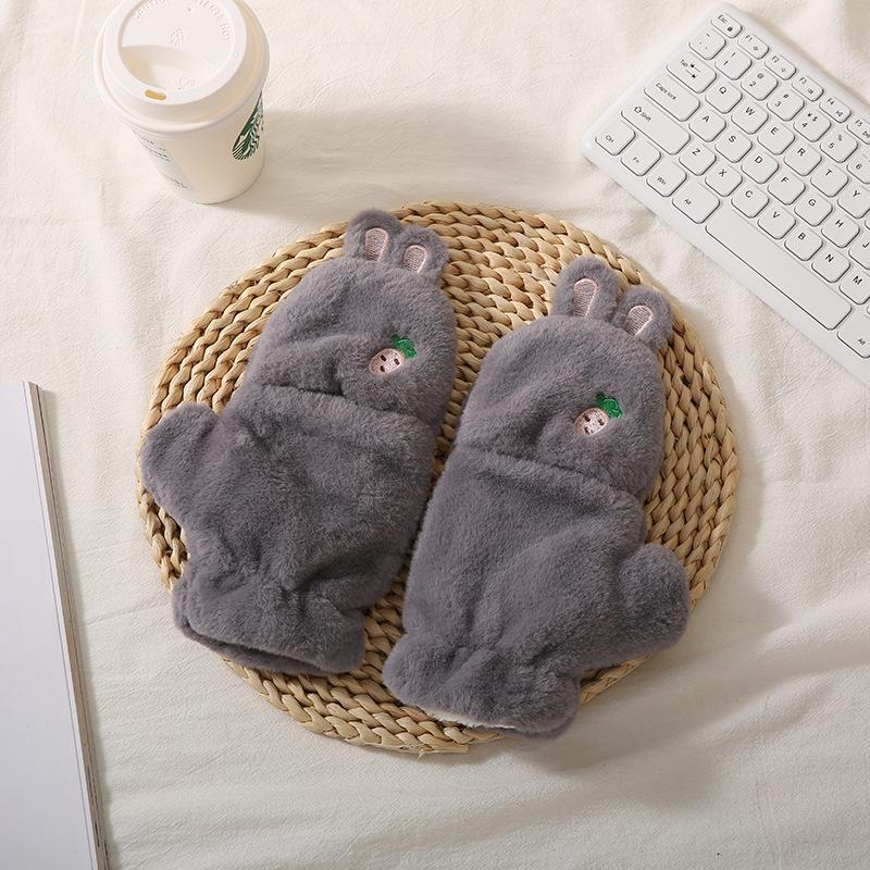 Flip Half Finger Cute Rabbit Autumn and Winter Plush Gloves Female Warm Thickened Student Writing Cycling Gloves Tide