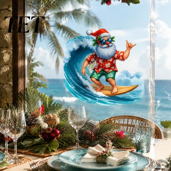 Festive Window Scene Layouts Christmas Surfing Santa Claus Static Glass Sticker, Tropical Waterproof PVC Decal for DIY Display Stickers Home
