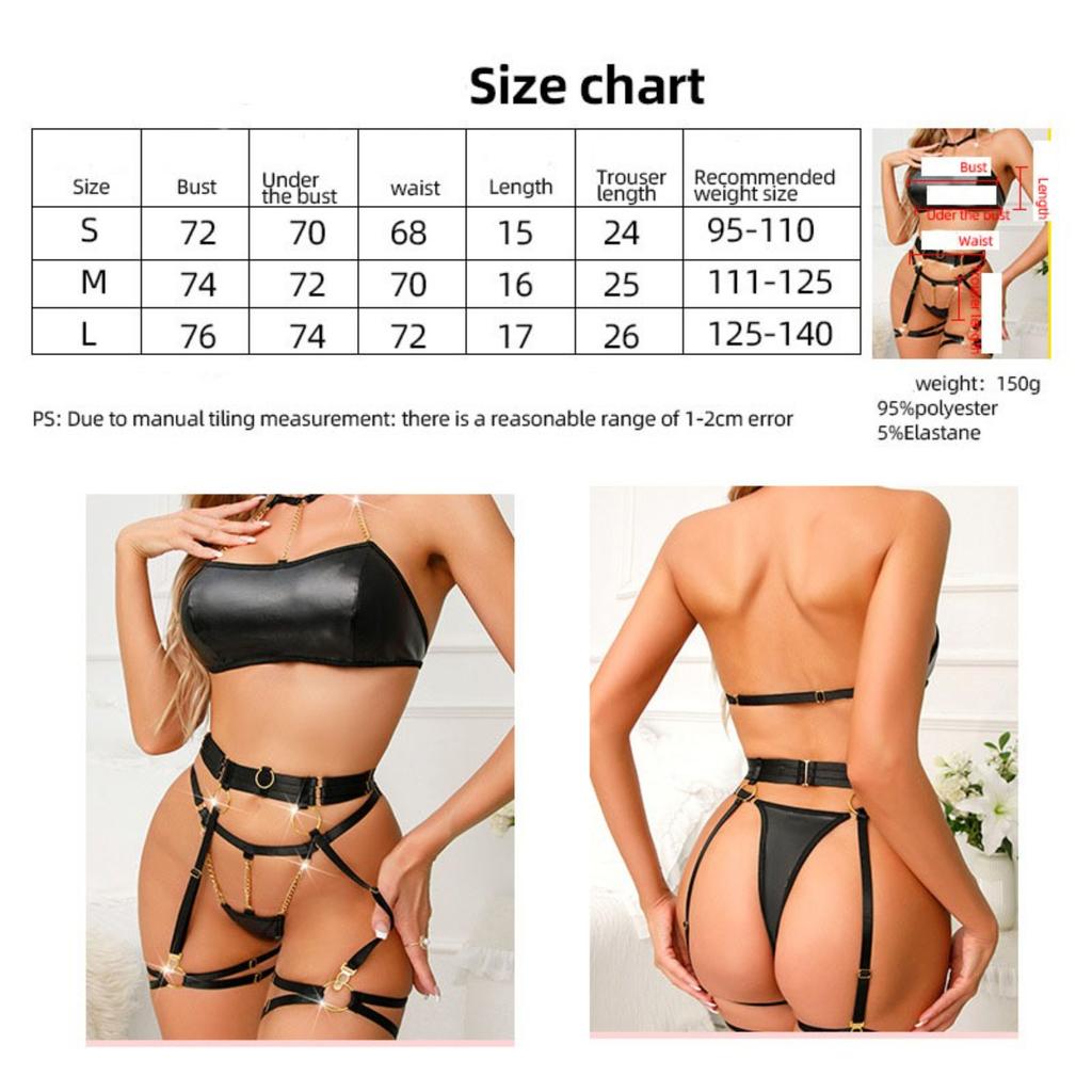 Metal Chain Bra & Panty Set with BDSM Harness, PU Leather Fetish Clubwear Bondage Lingerie Set, PU Leather Harness