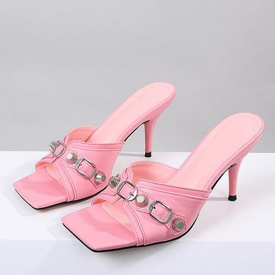 Женские тапочки на тонком высоком каблуке, летние сандалии с ремешком и пряжкой, женские вечерние модельные туфли, шлепанцы