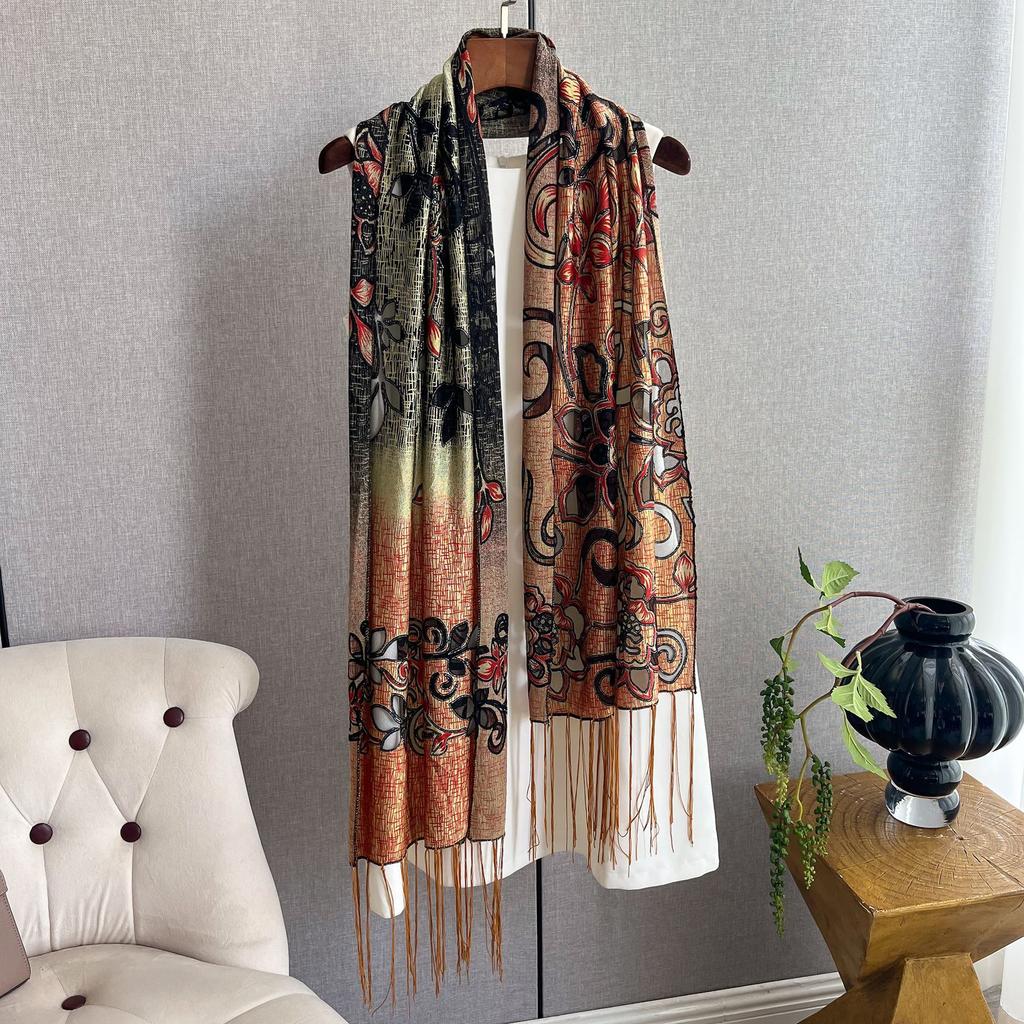 Этнический стиль кружевной шелковый шарф женский тренд мода бахрома вышивка тренд тонкий шарф шаль