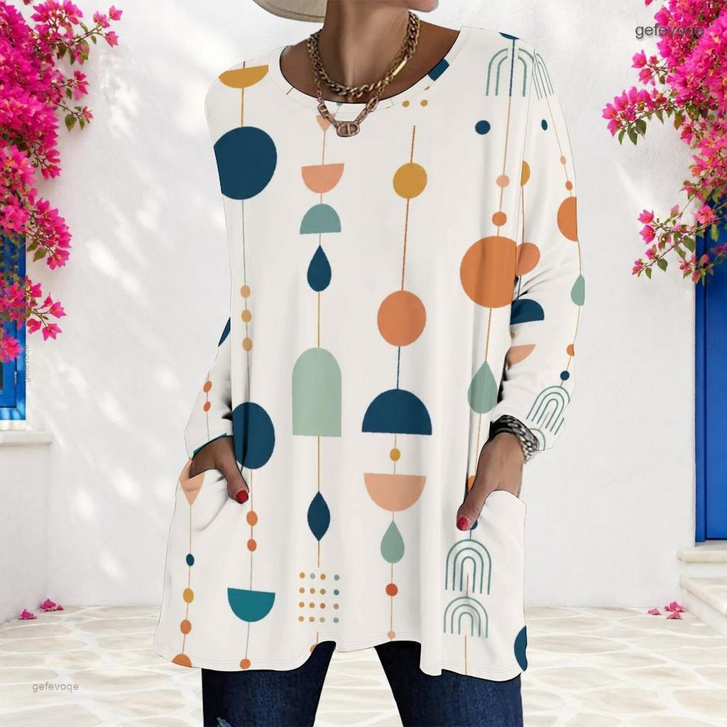 Women Plus Size Round Neck Long Sleeve Printed White Loose Longline T Shirt With Pockets