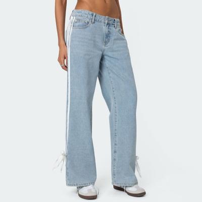 Женские джинсы с лампасами и бантом, джинсы бойфренда с низкой посадкой, мешковатые джинсовые брюки, повседневные прямые джинсы широкого кроя