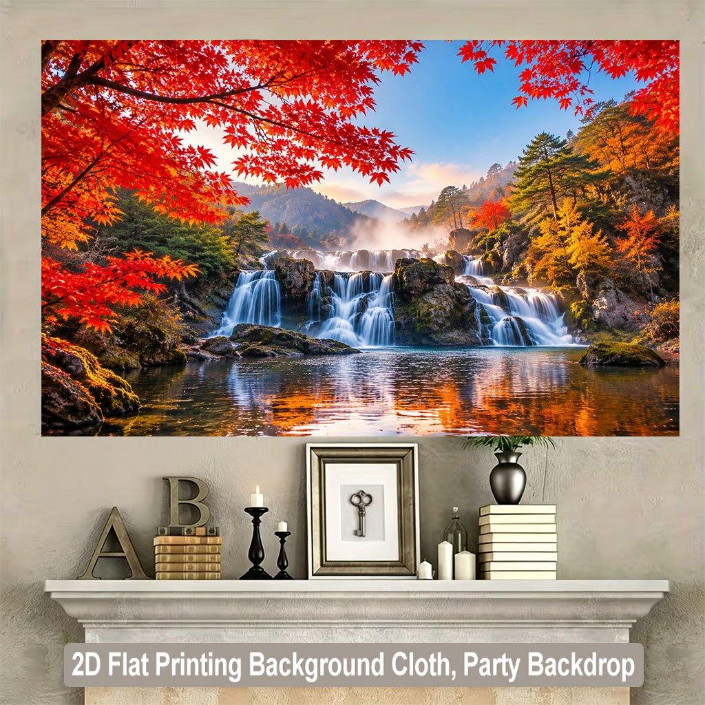 1 piece of 2D flat background fabric autumn red leaves against mountain flowing water and waterfall background fabric.PMJ