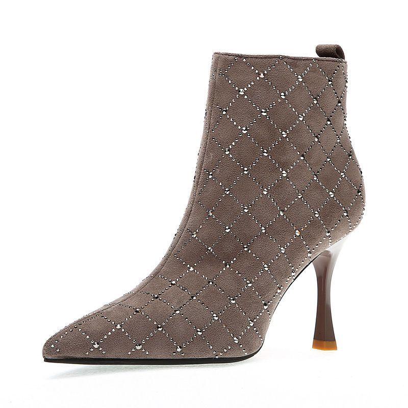 Women's Autumn/Winter Rhinestone Stiletto Ankle Boots with Zipper