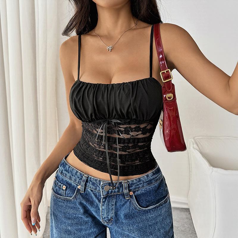 Women Sexy Square Neck Spaghetti Strap Lace Ruffle Hem Crop Tank Top Y2K Slim Fit Sleeveless Backless Bow Knot Crop Cami