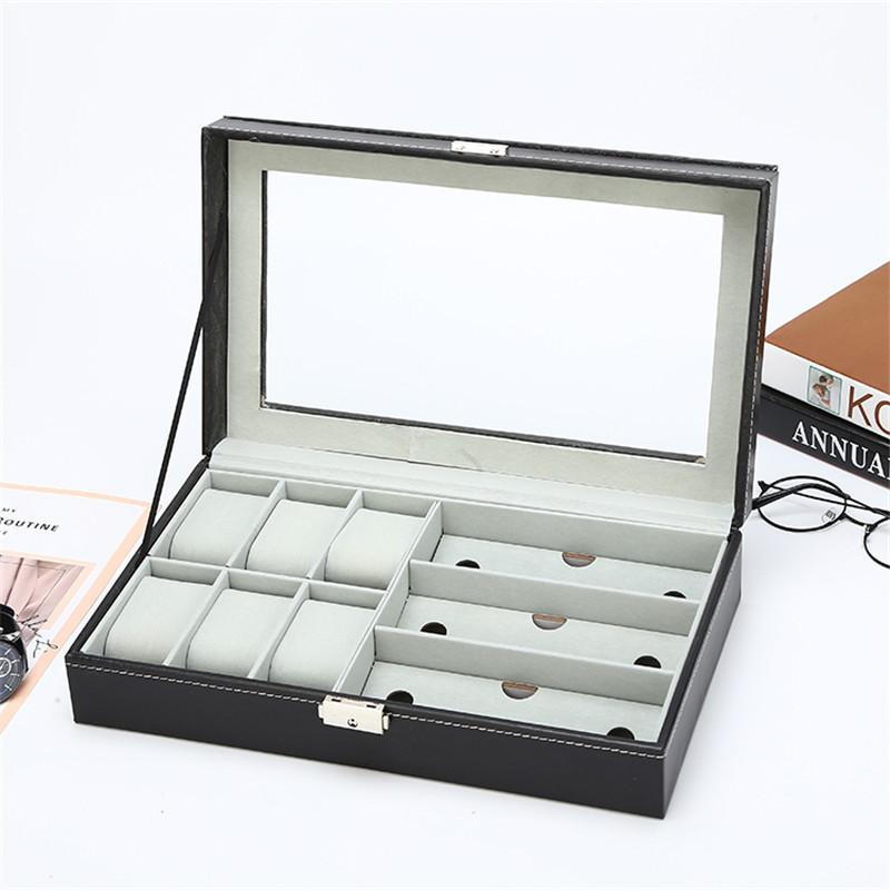 Изысканный 6-слотовый ящик для часов, чехол для ювелирных изделий из искусственной кожи, 3 слота, чехол для хранения очков, витрина-органайзер для мужчин и женщин, черный