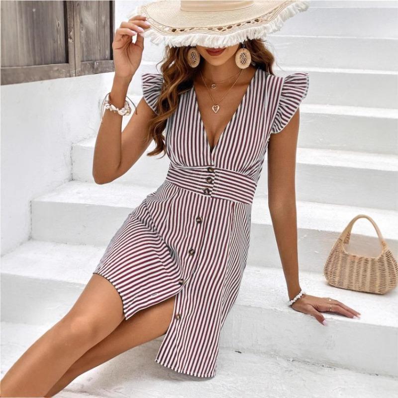 Женское платье с V-образным вырезом и полосатой талией, платье-рубашка, лето-осень
