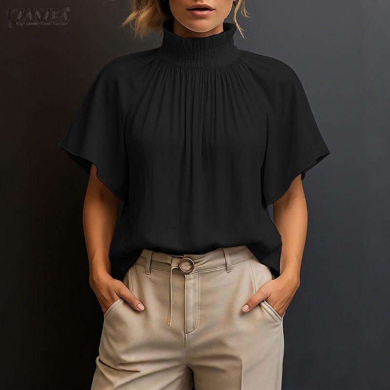 ZANZEA Женская повседневная блузка с высоким воротником, свободного кроя, с короткими рукавами, для лета