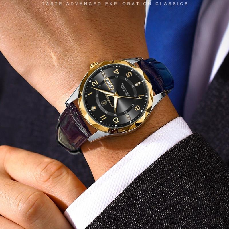 2024 Новый тренд, модные роскошные мужские часы, светящиеся водонепроницаемые часы с двойным календарем, ультратонкие кожаные мужские часы с автоматическим механизмом, украшенные бриллиантами