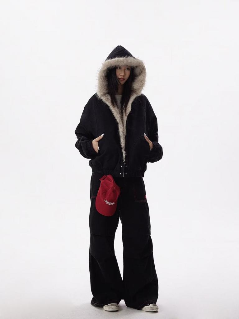 Унисекс Зимняя Утолщенная Ретро Хлопковая Куртка с Капюшоном и Меховым Воротником-Орлом