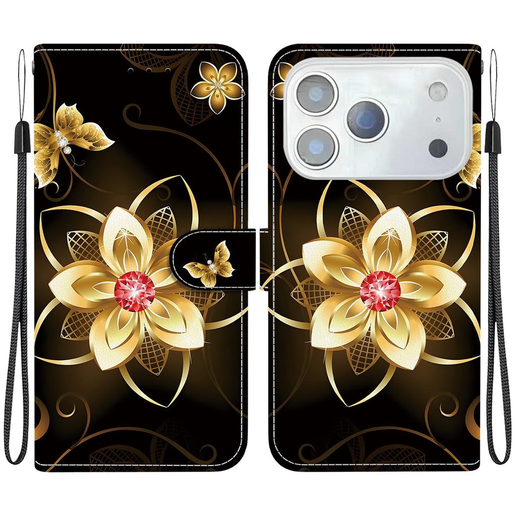 For iPhone 17 Pro Max Case Pattern Printing Anti-Drop Leather Flip Wallet Phone Cover with Lanyard