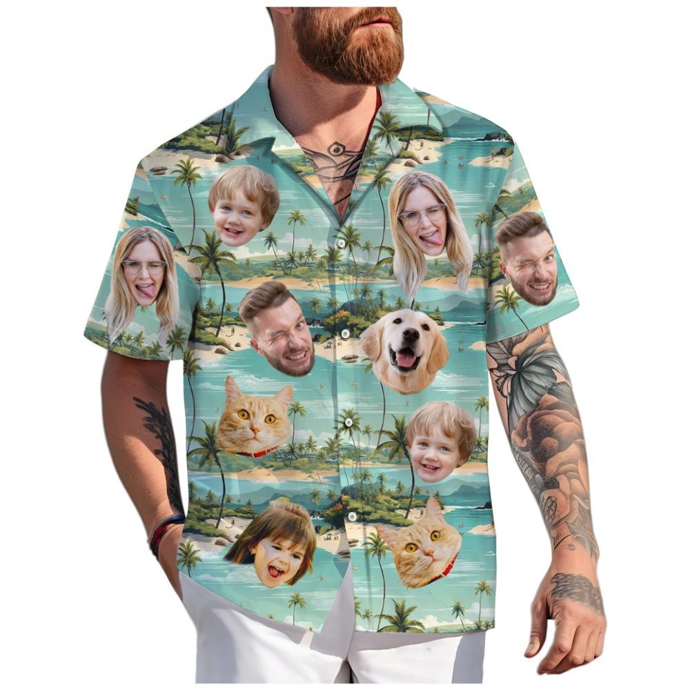 Custom Adult Kid Pet Face Hawaiian Shirts Summer Fashion Short Sleeve Personalized 3D Printed Shirt Loose Breathable DIY Blouses