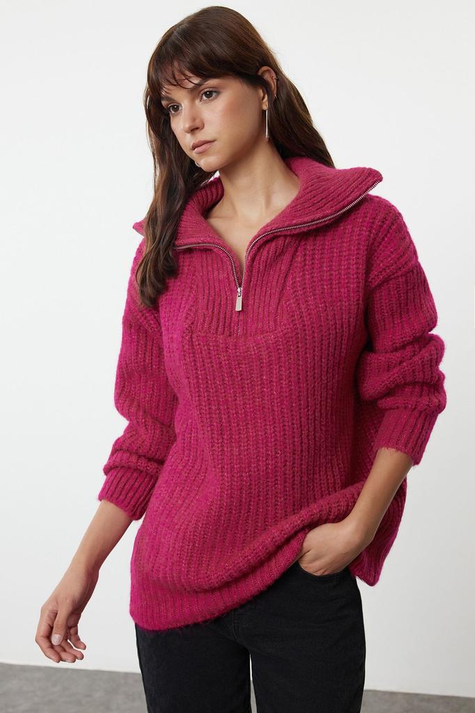 Women's Elegance Style Sweater Fuchsia Soft Textured High Collar Knitwear Sweater