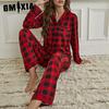 Homewear Women Red Plaid Cardigan Shirt Long Sleeve Long Pants Pajama Set