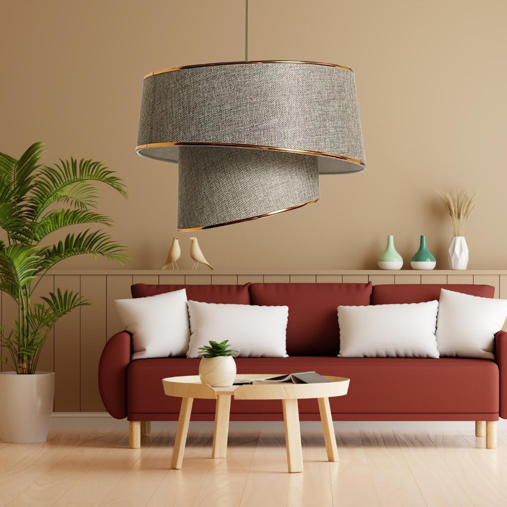 Style Asymmetric Cake Chandelier Sand Beige Fabric Gold Strip Bedroom Living Room Pendant Lamp