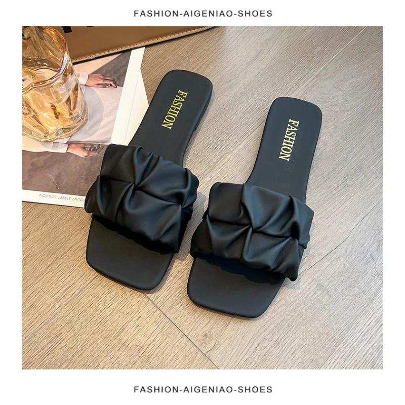 Летние уличные тапочки на плоской подошве для женщин 2024 года, новые повседневные шлепанцы с квадратным носком для отдыха, вечерние, сексуальные, элегантные, офисные, женские, новые туфли