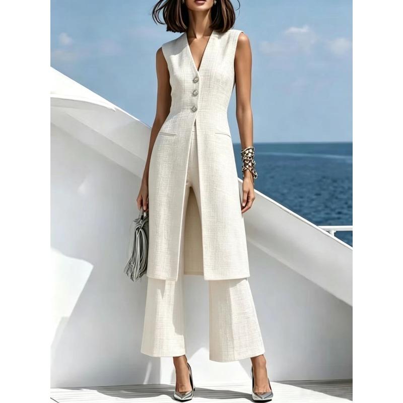 PEYWOW Women's Fashion Casual Summer Spring Sleeveless V Neck Pants Suits