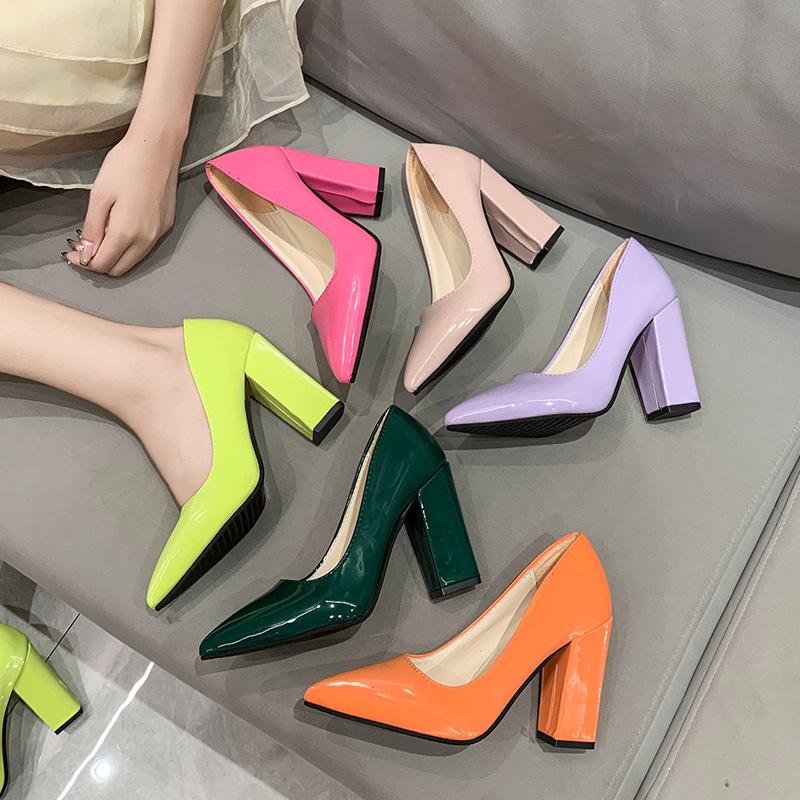 Large Size High Heels Women's Autumn New Sexy Thick Heel Pointed Single Shoes Shallow Mouth Patent Leather One Pedal