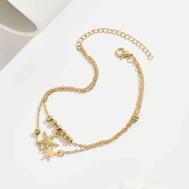 Изысканный кулон в виде морской звезды с шариками, двухслойная цепочка на щиколотку, элегантная О-образная цепочка для ноги, женский летний пляжный браслет на ногу с цирконом