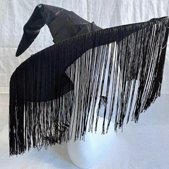 Шляпа ведьмы на Хэллоуин с заостренными кисточками, декорированная в черном темном стиле, с большими полями