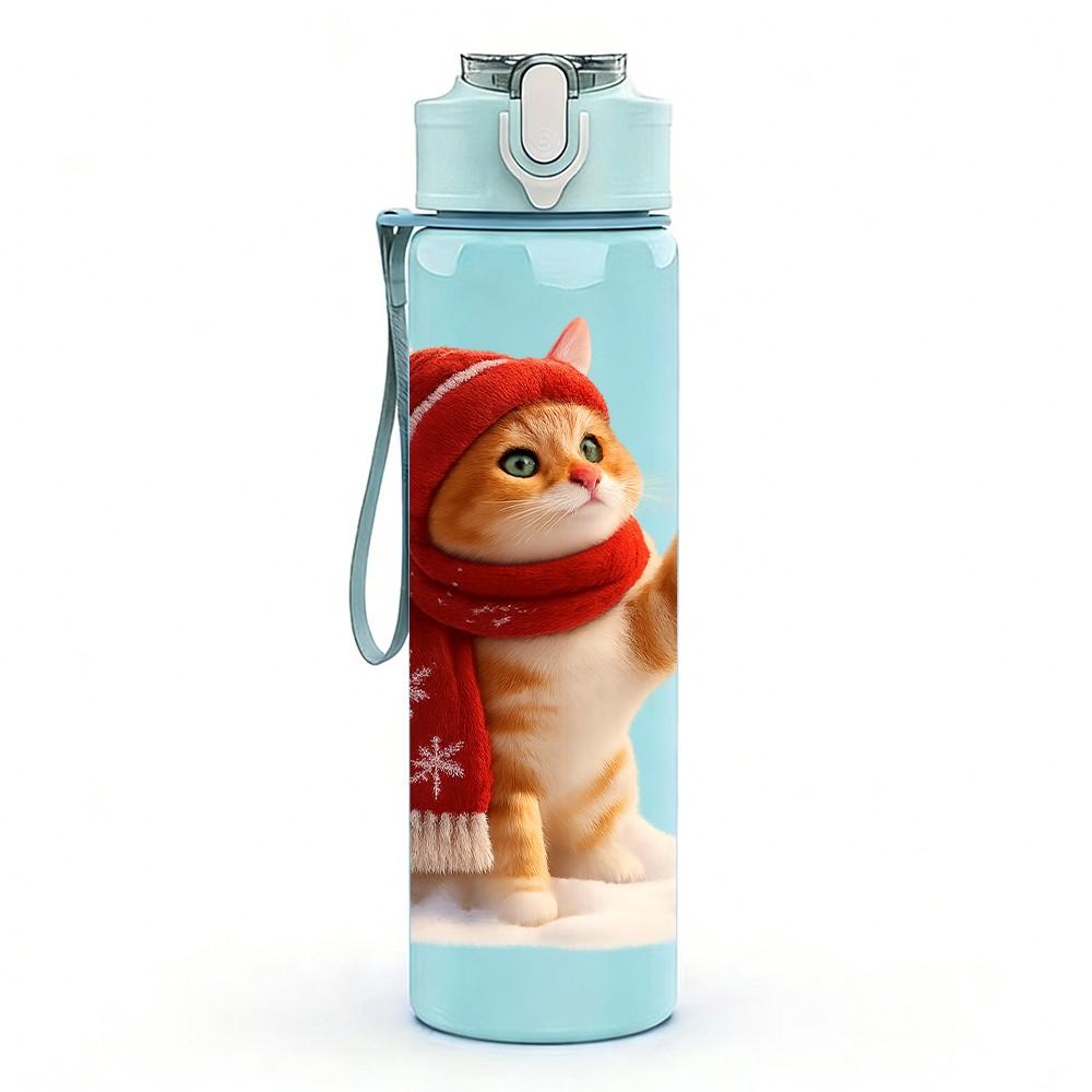 1PC Cat Wear Winter Scarf Cute Print 750ml Color Plastic Sports Water Bottle Leakproof Flip Straw Lid Suitable for Sports Office Home Use