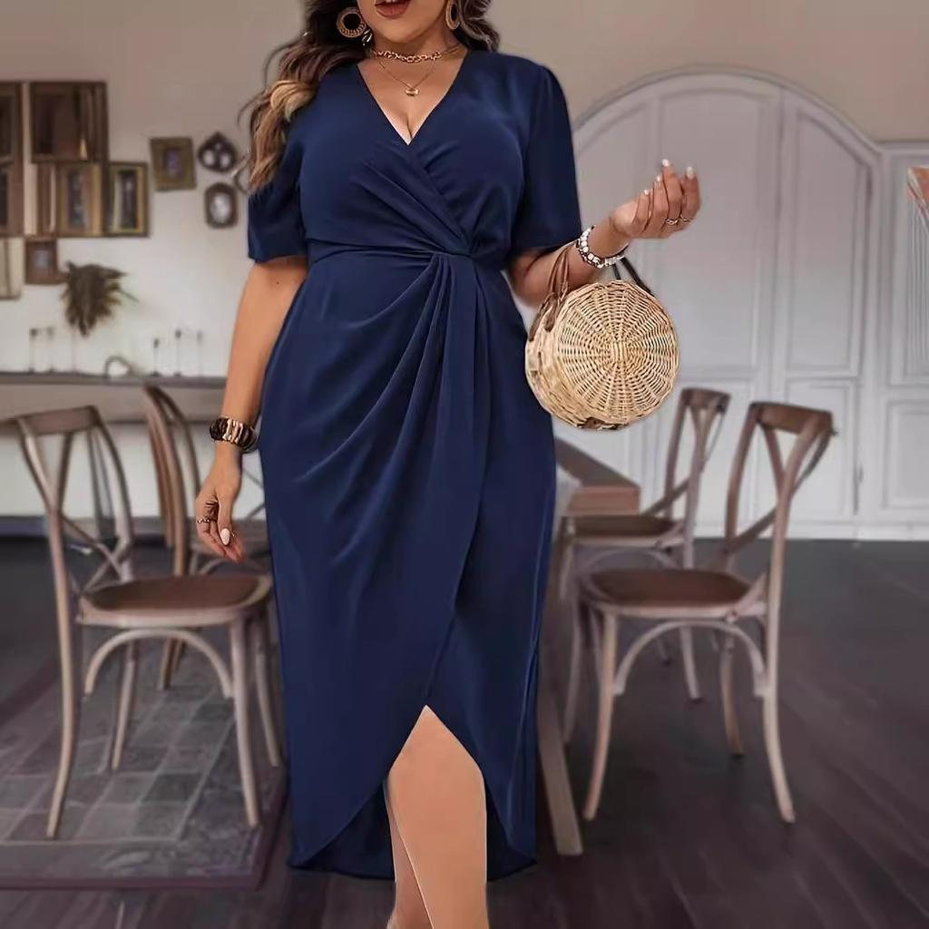 Глубокий V-образный вырез, сексуальное платье большого размера, приталенная мода, короткий рукав, вечернее платье