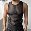 Men Round Neck Sleeveless Mesh Sheer Tank Tops Striped Side Cutout T-shirts