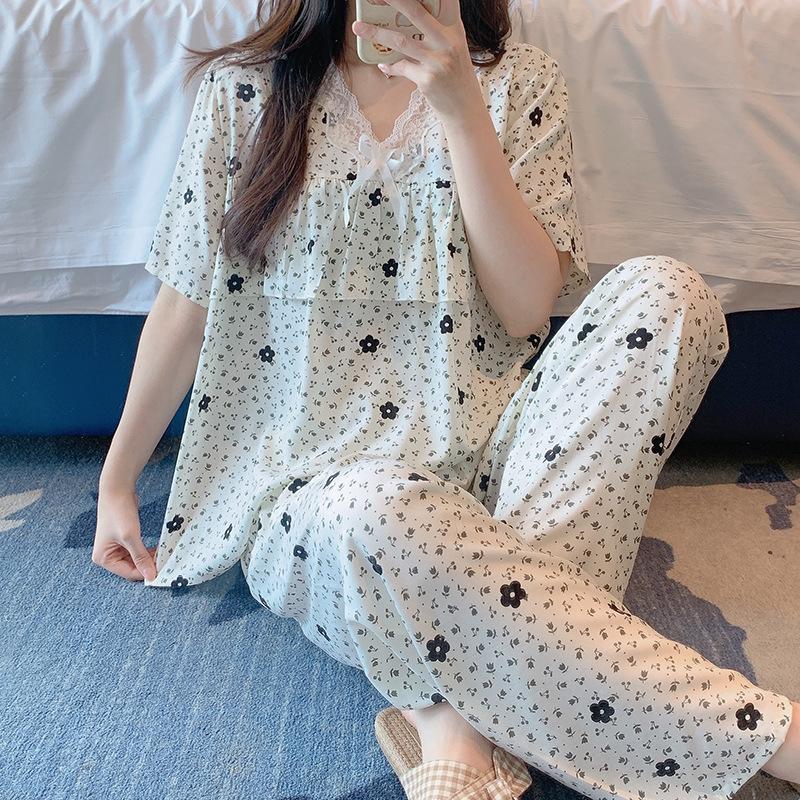1011 new cotton and silk pajamas women's summer thin short-sleeved trousers set loose Korean version fresh and anti-bumping home