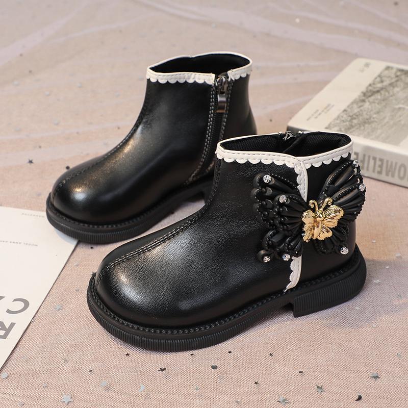 Girls Fashion Butterfly Boots Elegant Kids Short Leather Boots Chic Children Sweet Princess Boots Round-toe Anti-Slippery 2024