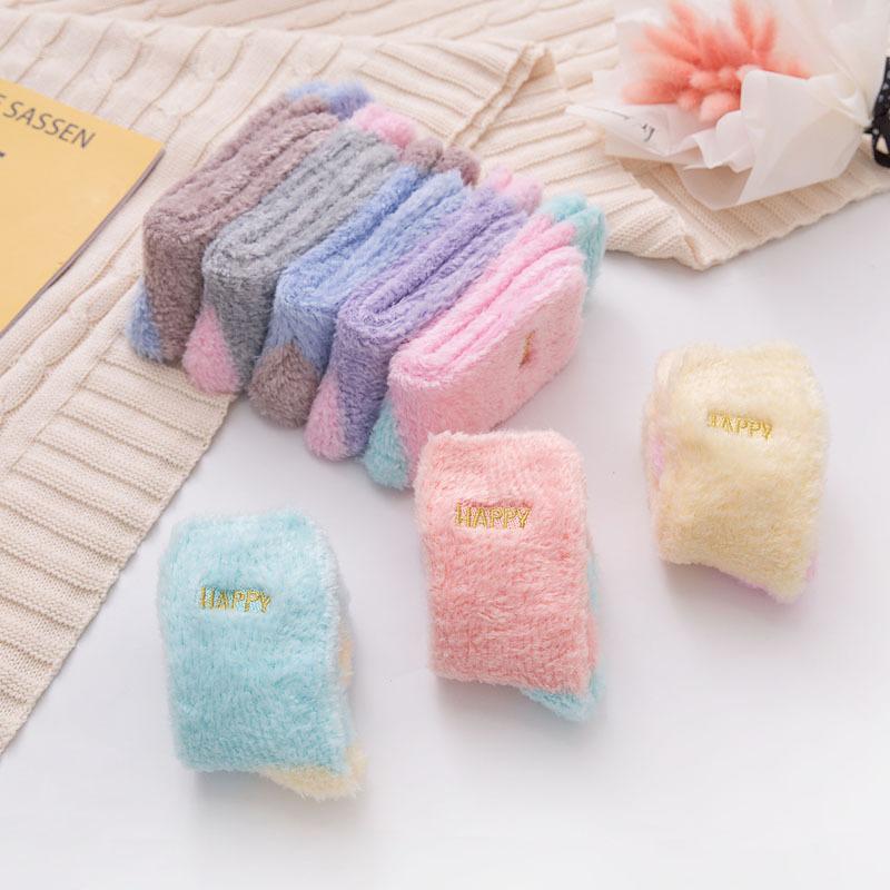 Fleece Lined Thickened Mid Calf Socks Solid Color Embroidered Coral Velvet Socks for Women Girls Macaron Colored Warm Postpartum Fleece Socks
