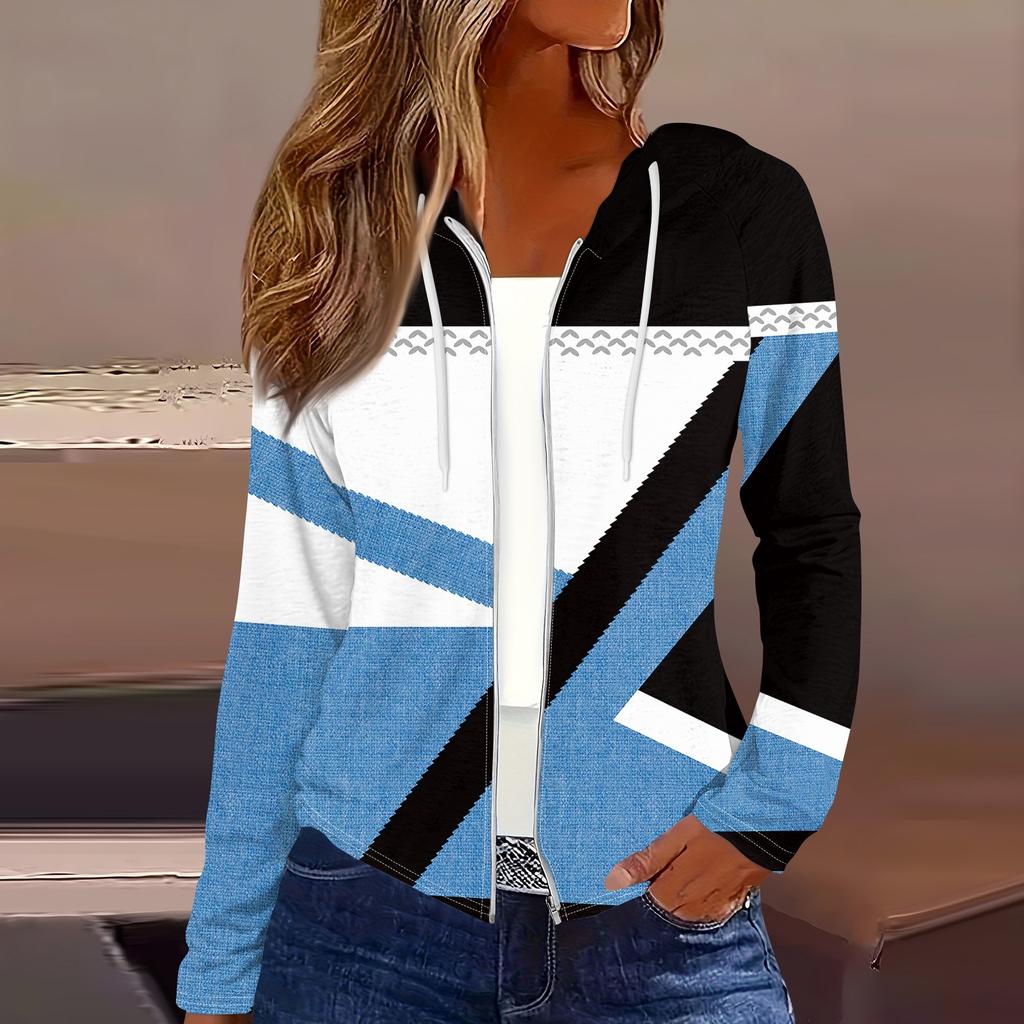 Women's Fashion Casual Zip Up Hooded Print Long Sleeve Sweatshirts Coat