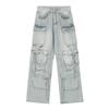 Functional Multi Pocket Workwear Jeans, Men's Trendy Punk Washed Holes, Niche Loose Straight Leg Wide Leg Pants