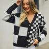 Autumn and Winter Women's Knitwear Plaid Splicing Plus Size Sweater Knitted Cardigan