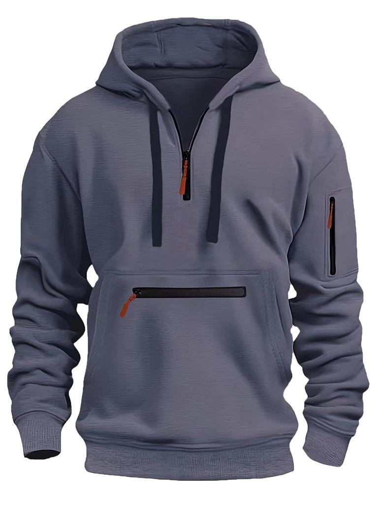 Men's Fleece-Lined Hooded Sweatshirt with Zipper and Multi-Pocket Design for Autumn/Winter Casual Sports Fashion