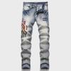 Men's Retro Slim Fit Blue Jeans with Hole Embroidery