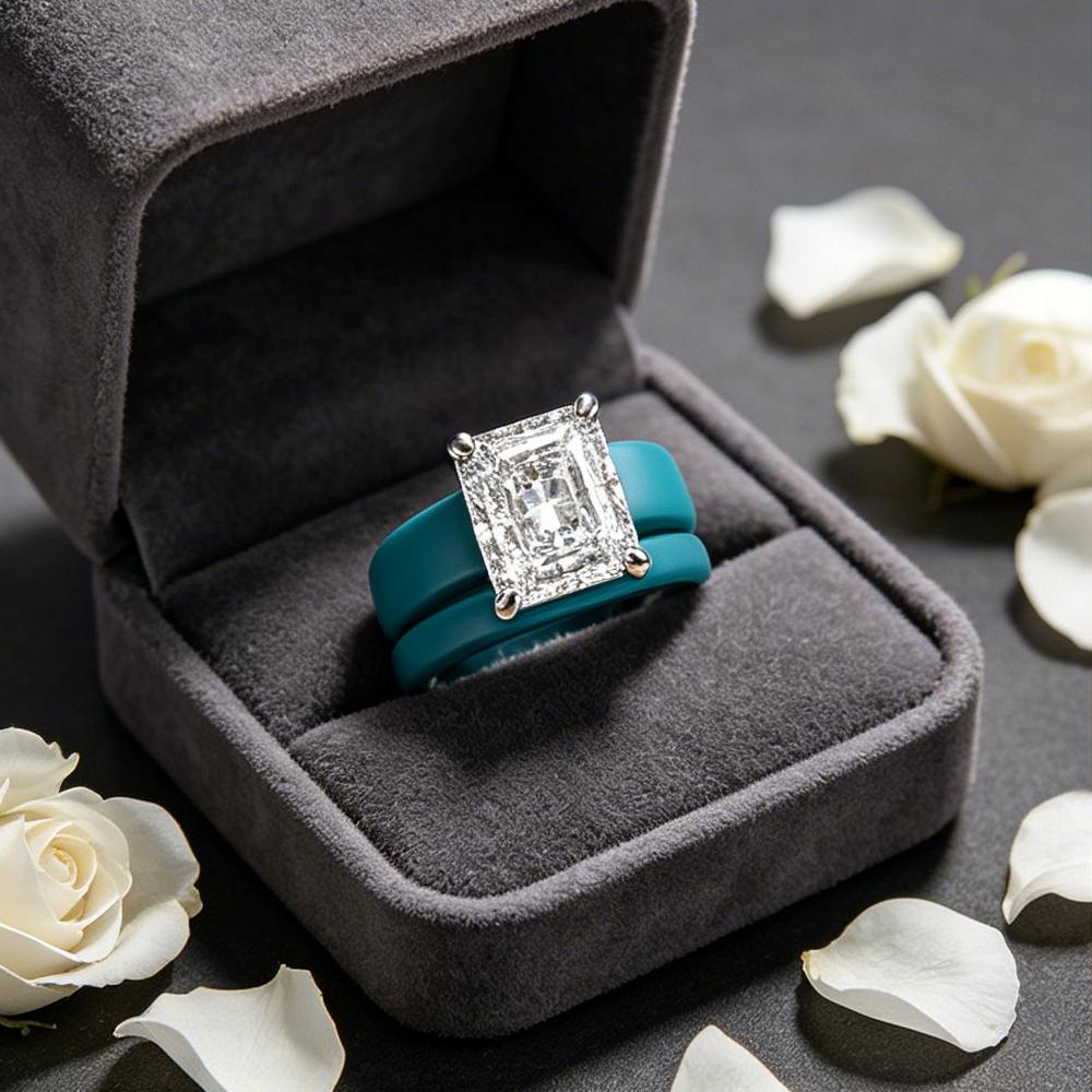 Blue green women's silicone double strap CZ ring, emerald cut cubic zirconia engagement wedding ring, beach bride jewelry gift