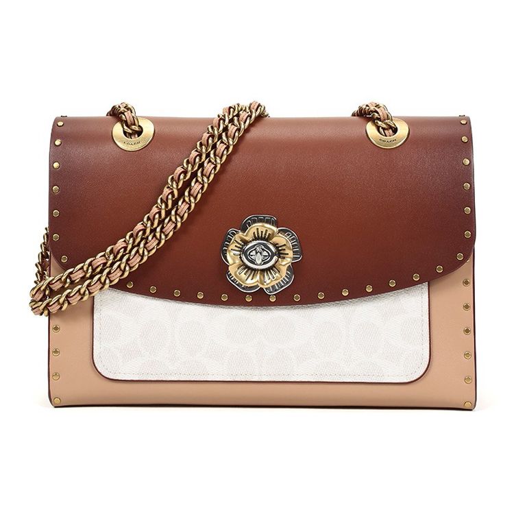 Coach Tea Rose Studded Colorblock Signature Canvas Chain Shoulder Bag 29416-B4R7F