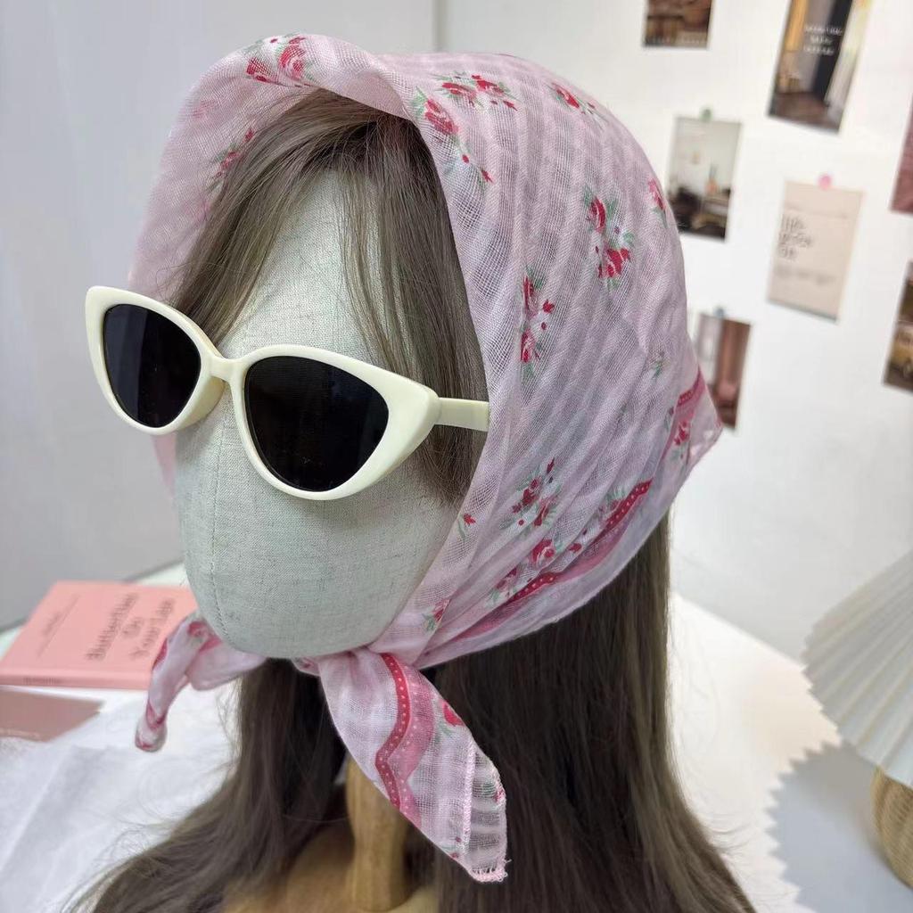 French Lace Triangle Scarf with Beige Floral Design, Retro Headscarf, Hairband, Bag Accent, and All-Match Ribbon Scarf