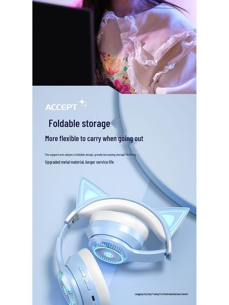 Светящиеся беспроводные Bluetooth накладные наушники с кошачьими ушками 2025 - Игровые и спортивные, Тяжелый бас, Совместимы с мобильными устройствами и ПК