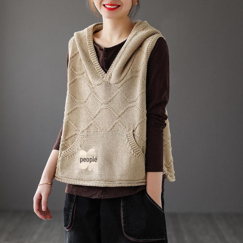 Ladies' Hooded Retro Knit Vest - 2024 Spring/Autumn Waistcoat Layered Top
